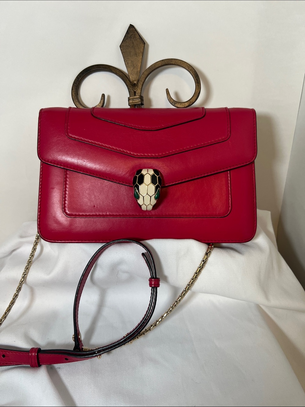 Bulgari Red Leather Serpenti Crossbody Bag with Gold Chain